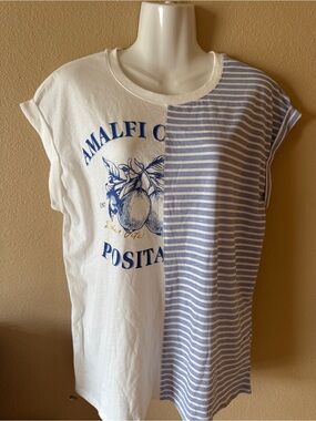 Oak & Trellis Amalfi Coast Positano Split Tee - White & Light Blue